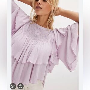 Free People Rose Party Tee Tiered Ruffles Jersey Knit Lettuce Trims Top XS